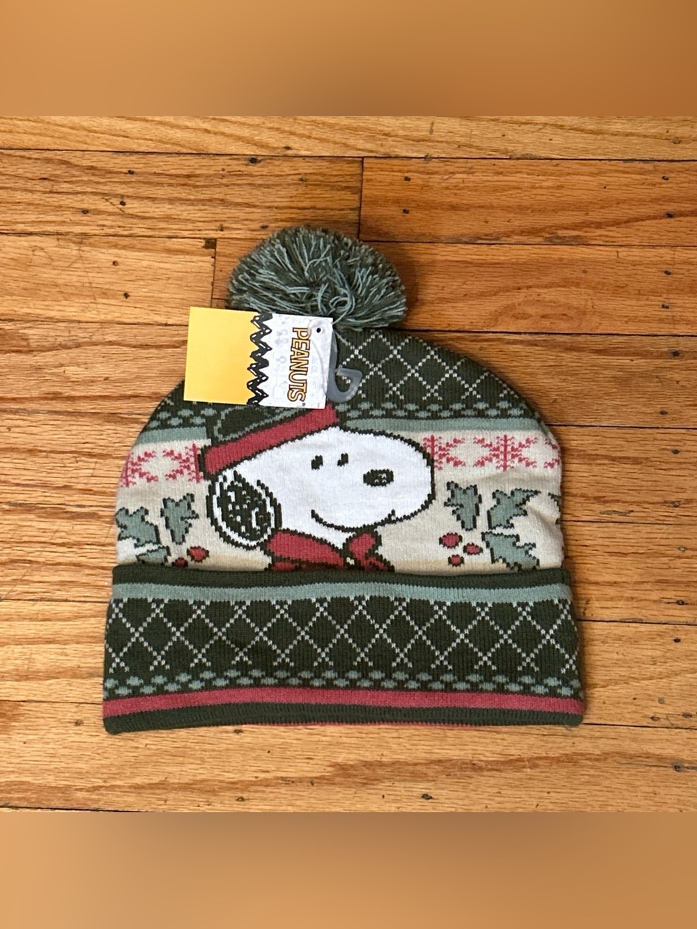 Peanuts Snoopy Festive Green Knit w Pom Pom Holiday Beanie Winter Hat OS NWT